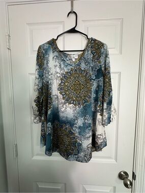 Stem & Vine Boho Mandala Print Top | Teal & Gold 3/4 Sleeve Blouse (1X)